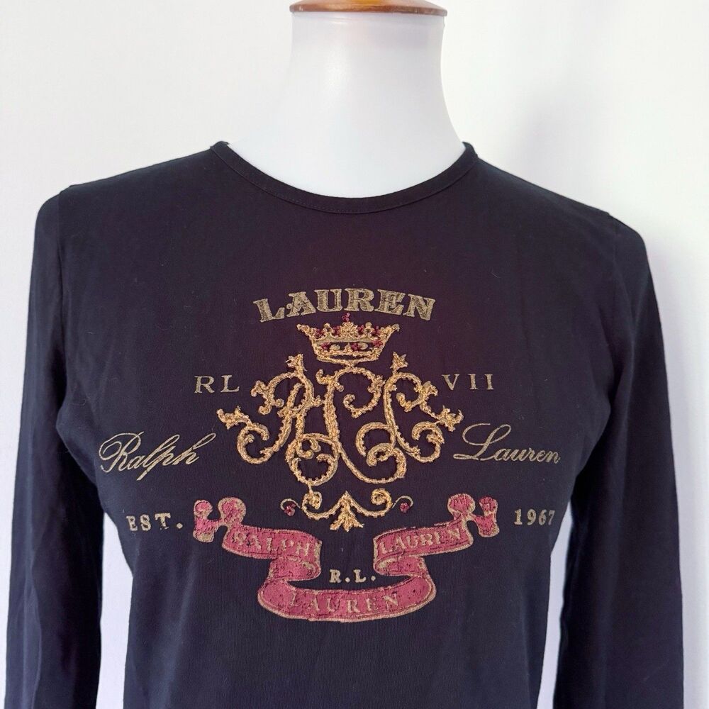 Women's Lauren Ralph Lauren RL Crest Logo Monogram Tee Shirt Black Size M Medium - Picture 11 of 14